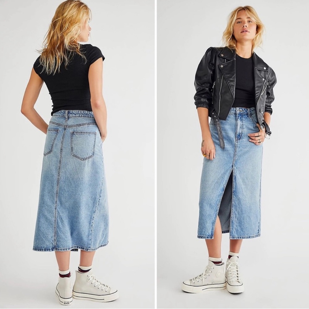 Free People Calabasas Denim Midi Skirt Medium Blue High Rise A-line Size 6